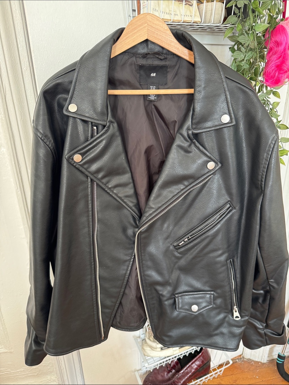H&M Black Faux Leather Biker Jacket with Silver Hardware